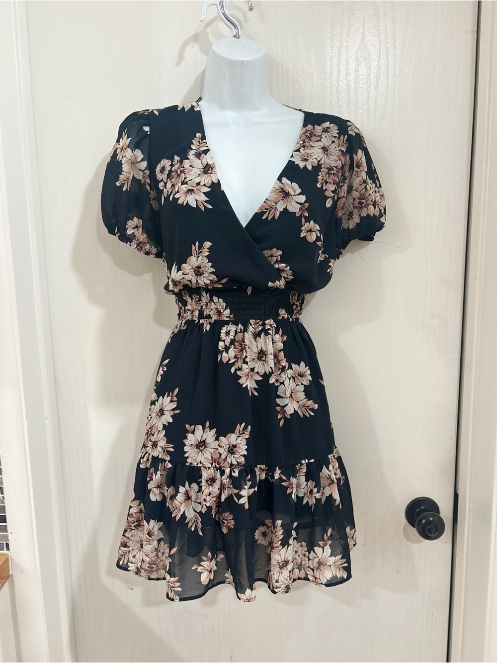 Blush Black Floral V-Neck Puff Sleeve Tiered Mini Dress